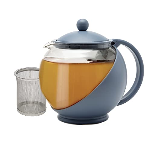 Primula Half Moon Teapot with Removable Infuser – 40-Ounce Glass Tea Maker with Stainless Steel Filter and Blue Accents