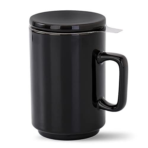 Black Porcelain Tea Mug with Removable Stainless Steel Infuser and Lid - Ideal for Tea, Coffee, and More