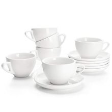 Sweese 6 Ounce Porcelain Cappuccino Cups with Saucers – Set of 6, Elegant White Espresso Mugs for Latte, Coffee, and Tea