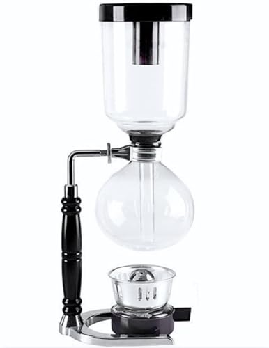 Retro-style siphon coffee maker with heat-resistant borosilicate glass pot and stainless steel base, capable of brewing up to 5 cups of rich, flavorful coffee