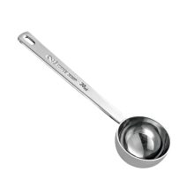 Stainless steel 2-tablespoon coffee scoop with a sleek design and hanging hole, ideal for precise coffee and ingredient measurements