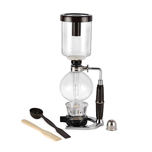 Elegant Kendal Glass Tabletop Siphon Coffee Maker with stainless steel stand, showcasing a premium borosilicate glass design for brewing 5 cups of coffee.