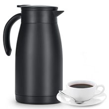 34 Oz Thermal Coffee Carafe in black stainless steel, featuring a single-handed push button pour spout and large mouth opening for easy filling and cleaning.