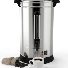 A large stainless steel 120-cup commercial coffee urn with a spigot dispenser, ideal for catering, parties, and events, designed to brew and keep coffee hot for extended periods.