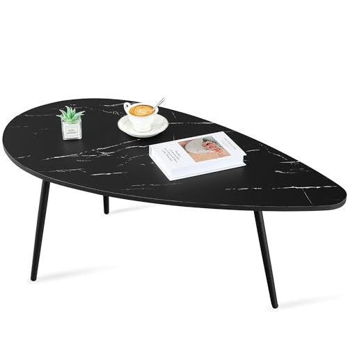 Mid-century modern oval coffee table with black faux marble top and black metal legs, designed for small spaces and easy assembly.