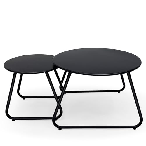 Set of 2 Round Outdoor Coffee Tables with Weather-Resistant Steel Frame and Black Finish, Ideal for Patio and Balcony