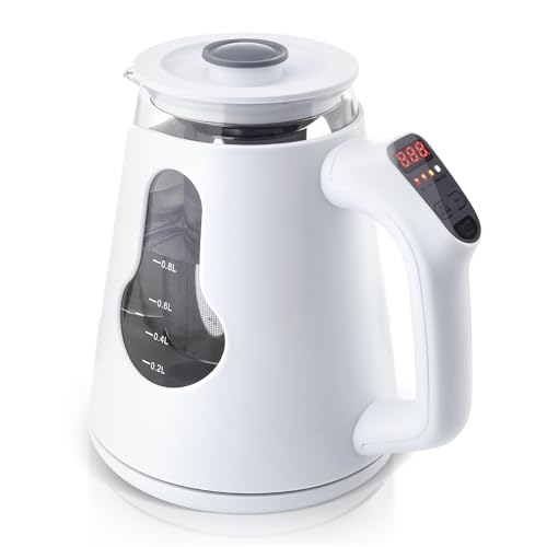 Electric Tea Kettle with 0.8L capacity, featuring adjustable temperature control, a 24-hour delay timer, and a glass teapot design. Includes innovative tea brewing mode, quick boiling performance, and a cordless, drip-free spout for easy use.