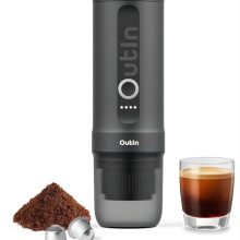 Outin Nano Portable Espresso Machine with self-heating feature, compatible with USB-C and 12V car chargers, designed for making espresso with ground coffee or capsules. Ideal for travel, camping, and office use.