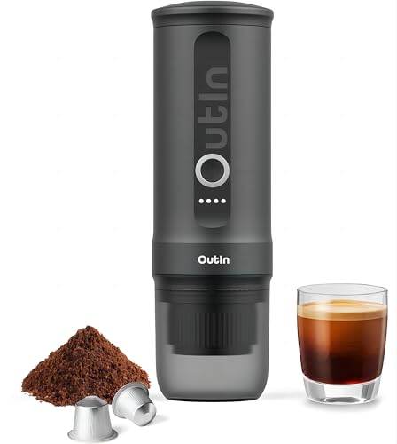 Outin Nano Portable Espresso Machine with self-heating feature, compatible with USB-C and 12V car chargers, designed for making espresso with ground coffee or capsules. Ideal for travel, camping, and office use.