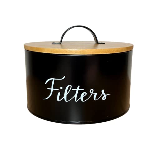 Elegant black coffee filter holder with a bamboo lid and metal body, designed to store up to 200 round filters, adding a rustic touch to your coffee bar decor