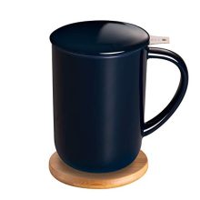 Navy Blue Ceramic Tea Mug with Stainless Steel Infuser and Bamboo Coaster - Ideal for Tea, Coffee, and More