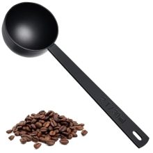 U-Taste 18/8 Stainless Steel Coffee Scoop with long handle, engraved measurements, and black finish, ideal for coffee grounds and other ingredients.