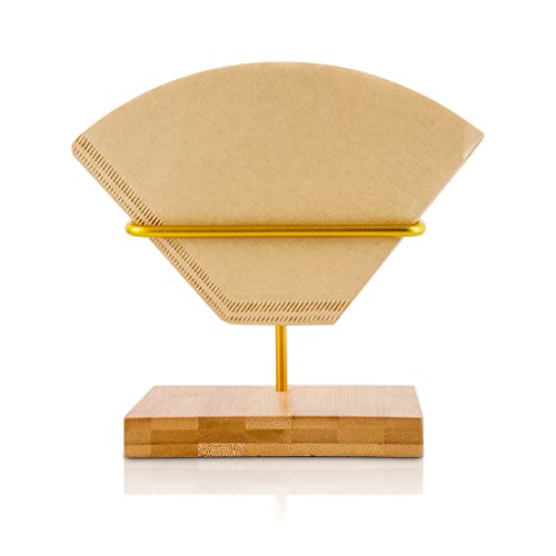 Vintage bamboo coffee filter holder with gold metal rack, perfect for organizing V60 and cone coffee filters