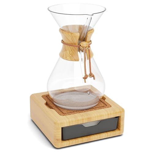 HEXNUB Premium Pour Over Stand with Heatproof Cork Mat and Accessory Drawer - Ideal for Chemex, Bodum, Bialetti, and More 