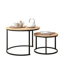 Industrial Round Coffee Table Set – Stackable End Tables with Black Metal Frame and Teak Wood Look Top, Ideal for Living Room and Office