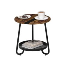 Round Industrial Coffee Table with Metal Tray - 2-Tier Rustic Brown Side Table for Living Room, Bedroom, Balcony