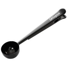 Black stainless steel coffee scoop with integrated bag clip, 20ml capacity for coffee measuring and sealing freshness