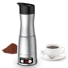 Portable 3-in-1 coffee maker with 12V, 24V, and 110V compatibility, compact design for travel, camping, and home use, featuring a ceramic heating plate and dual brewing options