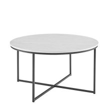 Modern round coffee table with faux marble top and black X-base, designed for contemporary living rooms. Measures 36 inches in diameter with a 19-inch height