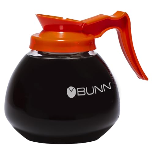 64-ounce BUNN Glass Coffee Decanter in vibrant orange, featuring a drip-proof spout for clean and convenient coffee serving, NSF approved for safety.