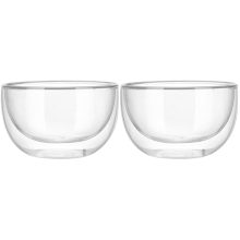 Set of two clear double-walled glass bowls perfect for serving hot coffee, tea, salads, and cold desserts - stylish and functional kitchenware.