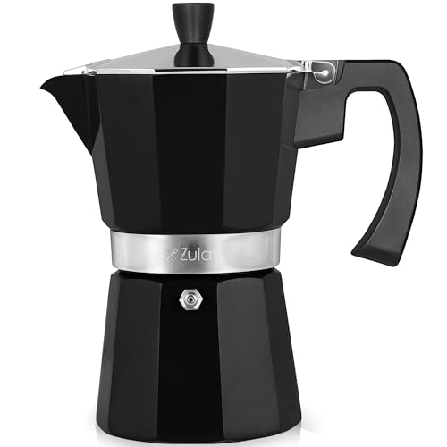 A sleek black Zulay Moka Pot Espresso Maker, placed on a stovetop, brewing rich espresso with steam rising, surrounded by coffee cups and beans, highlighting its classic design and robust build.