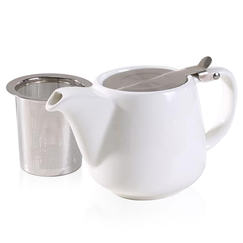 White Ceramic Teapot with Stainless Steel Infuser – 17 Oz Capacity for Loose Leaf and Blooming Tea