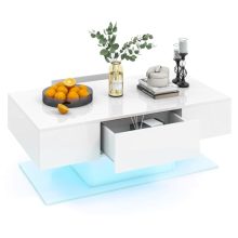 Modern White Coffee Table with LED Lights and Two Drawers for Stylish Living Room Decor