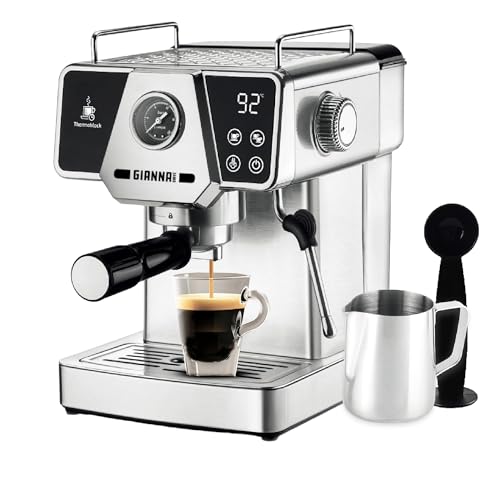 Gianna Milano 20 Bar Espresso Machine in stainless steel with automatic milk frother, 1.8L removable water tank, and cup preheating plate, perfect for lattes and cappuccinos.