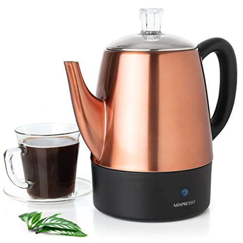 Electric 4-cup coffee percolator with a copper body and stainless steel lids, featuring an easy-pour spout, removable filter, and automatic keep-warm function. Ideal for home use and camping.