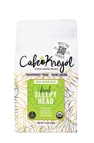 Cafe Kreyol Sleepyhead Decaf Coffee – 12 oz Medium Roast Whole Bean, USDA Certified Organic, Grown in Peru