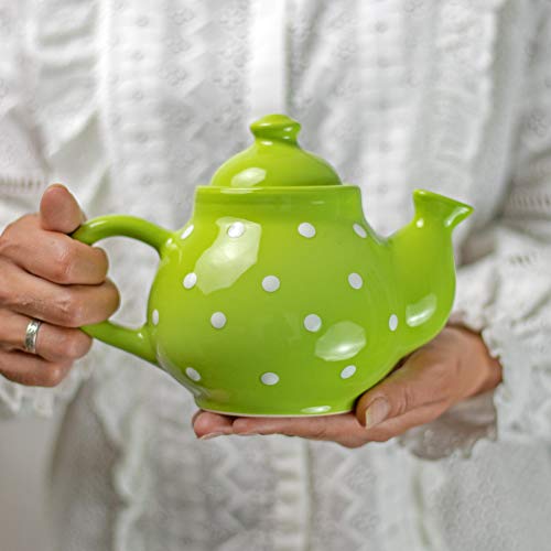 City to Cottage 26 oz Ceramic Teapot with green polka dots - handcrafted and perfect for brewing blooming and loose leaf tea