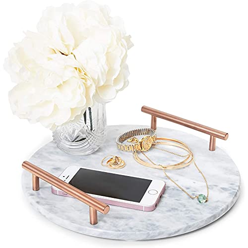 Elegant round marble tray with gold handles, ideal for use as a vanity organizer, serving tray, or decorative centerpiece. Measures 10.7x10.7x0.4 inches