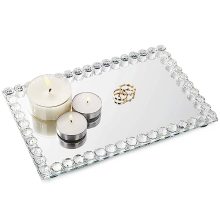 Elegant rectangular crystal mirror tray with beaded diamond trim, perfect for organizing perfumes, jewelry, and candles. Ideal for bathroom vanities, coffee tables, and home decor.