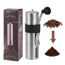 Manual Coffee Bean Grinder with Stainless Steel Burrs and Adjustable Settings for Various Brewing Methods, Featuring Anti-Slip Rubber Band and Compact Design