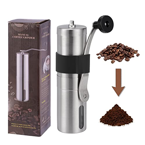 Manual Coffee Bean Grinder with Stainless Steel Burrs and Adjustable Settings for Various Brewing Methods, Featuring Anti-Slip Rubber Band and Compact Design