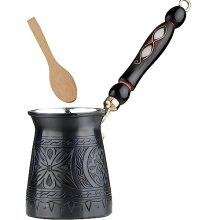 Handcrafted 12 oz copper coffee pot with wooden handle and floral engraving, perfect for Turkish, Greek, and Arabic coffee, includes a wooden spoon for traditional coffee preparation.