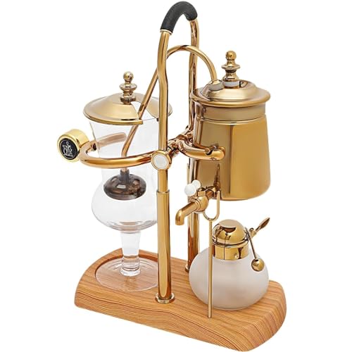 Elegant Belgian Royal Syphon Coffee Maker with classic gold plating, a black wooden base, and a vacuum brewing system. Includes a cloth filter for bold coffee and a 500ml (17oz) capacity, perfect for brewing 3 to 5 espresso cups.