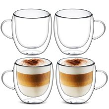 Set of 4 Double-Walled Cappuccino Glass Mugs – 8.45 Oz Insulated Coffee Cups with Handle for Latte, Espresso, Tea