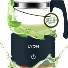 Electric kettle with matcha tea infuser and foam maker, featuring a transparent glass pot and one-touch operation for perfect hot and iced tea brewing