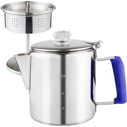 APOXCON 6-Cup Coffee Percolator with heat-resistant borosilicate glass knob and antiflaming silica handle. Made of durable stainless steel, suitable for use on induction