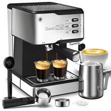 Geek Chef Espresso Machine with ESE Pod filter, milk frother steam wand, and 1.5L water tank. Features 20 bar pressure for quality coffee extraction. Black color, ideal for making espresso, cappuccino, and lattes.