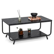 Modern 42'' black faux marble coffee table with metal frame and two-tier storage, ideal for living rooms, offices, and bedrooms