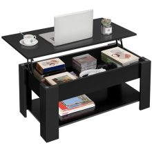 Yaheetech Wooden Lift-Top Coffee Table in black with hidden storage and open shelf, ideal for small living spaces