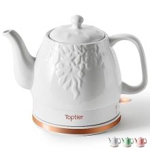 Elegant Toptier Electric Ceramic Tea Kettle with White Leaf Design, featuring a gooseneck spout and 360-degree swivel base, perfect for quick boiling and safe use