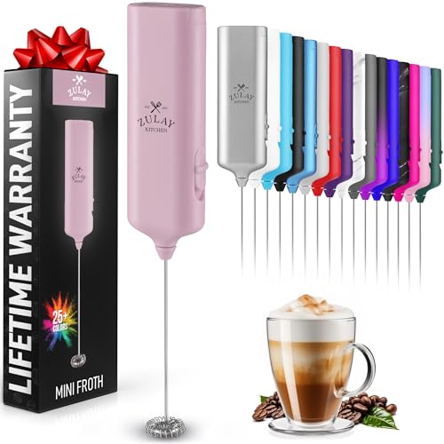 Pink Zulay Kitchen Mini Milk Frother - Handheld Electric Mixer with Stand, Ideal for Coffee, Lattes, Matcha, and Hot Chocolate