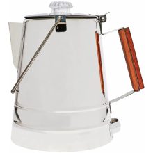 COLETTI Butte 14-Cup Stainless Steel Camping Percolator with rosewood handle and glass preview knob, perfect for brewing coffee over a campfire or on a stovetop.