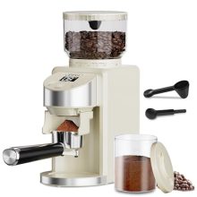 Gevi Conical Burr Coffee Grinder in silver with 35 grind settings, anti-static design, and portafilter cradle, ideal for precise grinding of coffee beans for various brewing methods. 