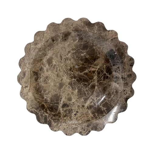 SAIDKOCC Round Scalloped Marble Tray with natural travertine texture, non-slip bottom, and elegant design, ideal for serving, organizing, and displaying items