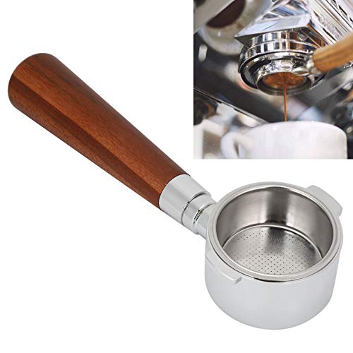 51mm Bottomless Portafilter Handle for DeLonghi coffee machines, featuring an elegant wood and stainless steel design, perfect for observing the coffee extraction process and enhancing your brewing experience.